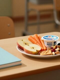 A plate of five healthy snacks sits beside an open lunchbox and reusable water bottle.