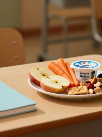 A plate of five healthy snacks sits beside an open lunchbox and reusable water bottle.