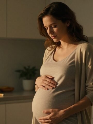 Pregnant woman holding her belly in a warm kitchen with wine and a cigarette blurred behind her.
