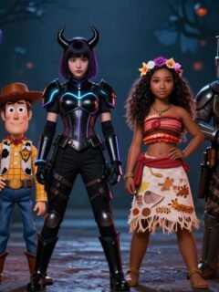Four people in Halloween costumes stand beneath orange and purple street lanterns.
