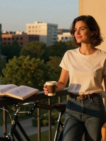 Smiling woman with coffee and guitar on a balcony overlooking a city and park.