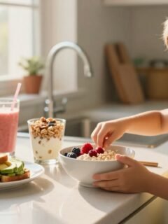 A smiling child reaches for oatmeal beside a colorful healthy breakfast spread.