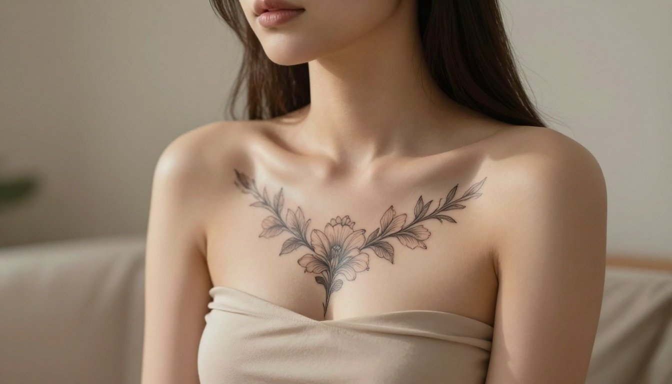 Woman showing a delicate floral tattoo centered on her breastbone.