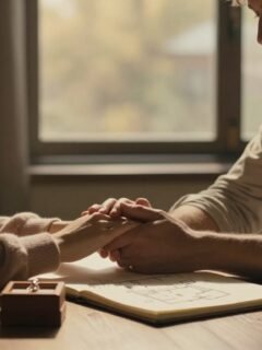 A couple holds hands beside house plans and a wedding ring box at sunset.