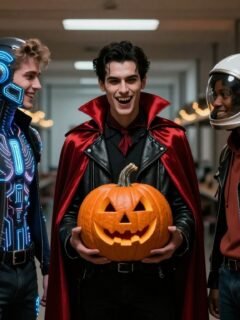 Three students in colorful Halloween costumes laugh in a dorm hallway with a carved pumpkin.