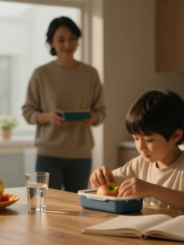 Child opens a lunchbox beside snacks and textbooks while a parent watches.