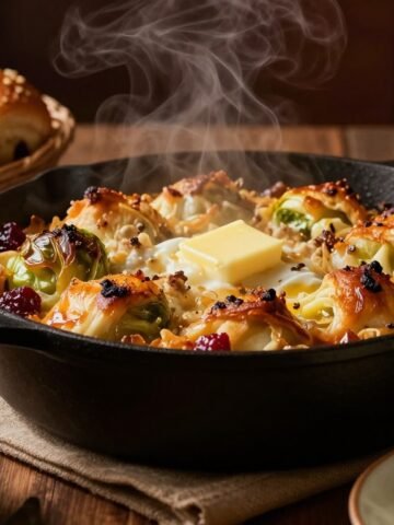 Thanksgiving sides surround a golden stuffing casserole on a rustic wooden table.