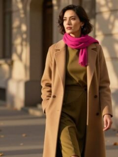 Woman in a camel coat and colorful skirt on a leaf-covered city sidewalk.