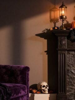 Halloween mantel with pumpkins, candles, lace, and a crystal skull above a stone fireplace.