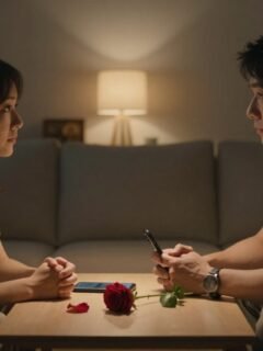 A couple sits across a coffee table with a phone and rose petal under warm lamplight.