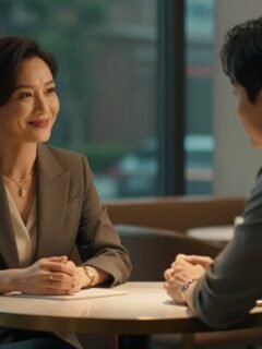 A woman and younger man smiling across a café table near large city windows.