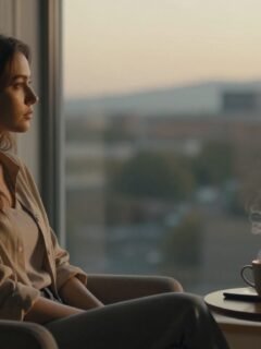 A woman sits by a window with coffee, looking thoughtfully at the city.