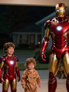 An adult and two children wear Iron Man costumes beside pumpkins at night.