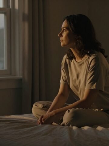 A woman sits on a bed, looking toward a dim window beside a blurred wedding photo.