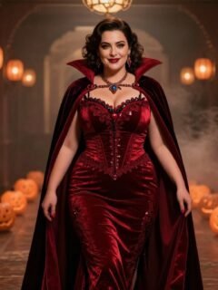 A smiling woman in a red vampire costume stands in a misty hallway with glowing pumpkins.