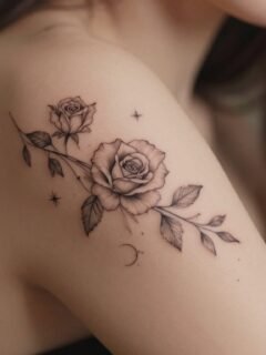 Woman's upper arm with a fine-line rose and celestial tattoo.