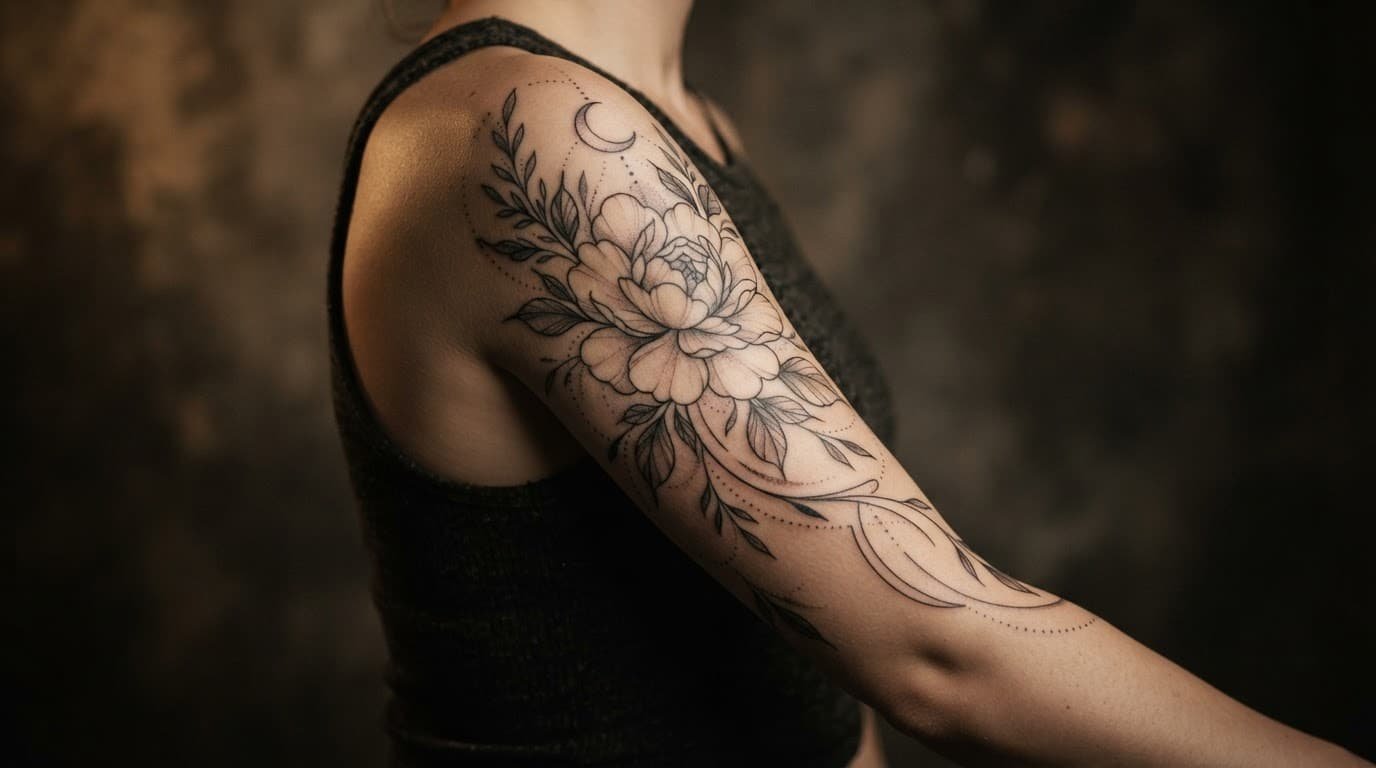 Tattooed arm with a large flower, leaves, crescent moon, and fine ornamental lines.