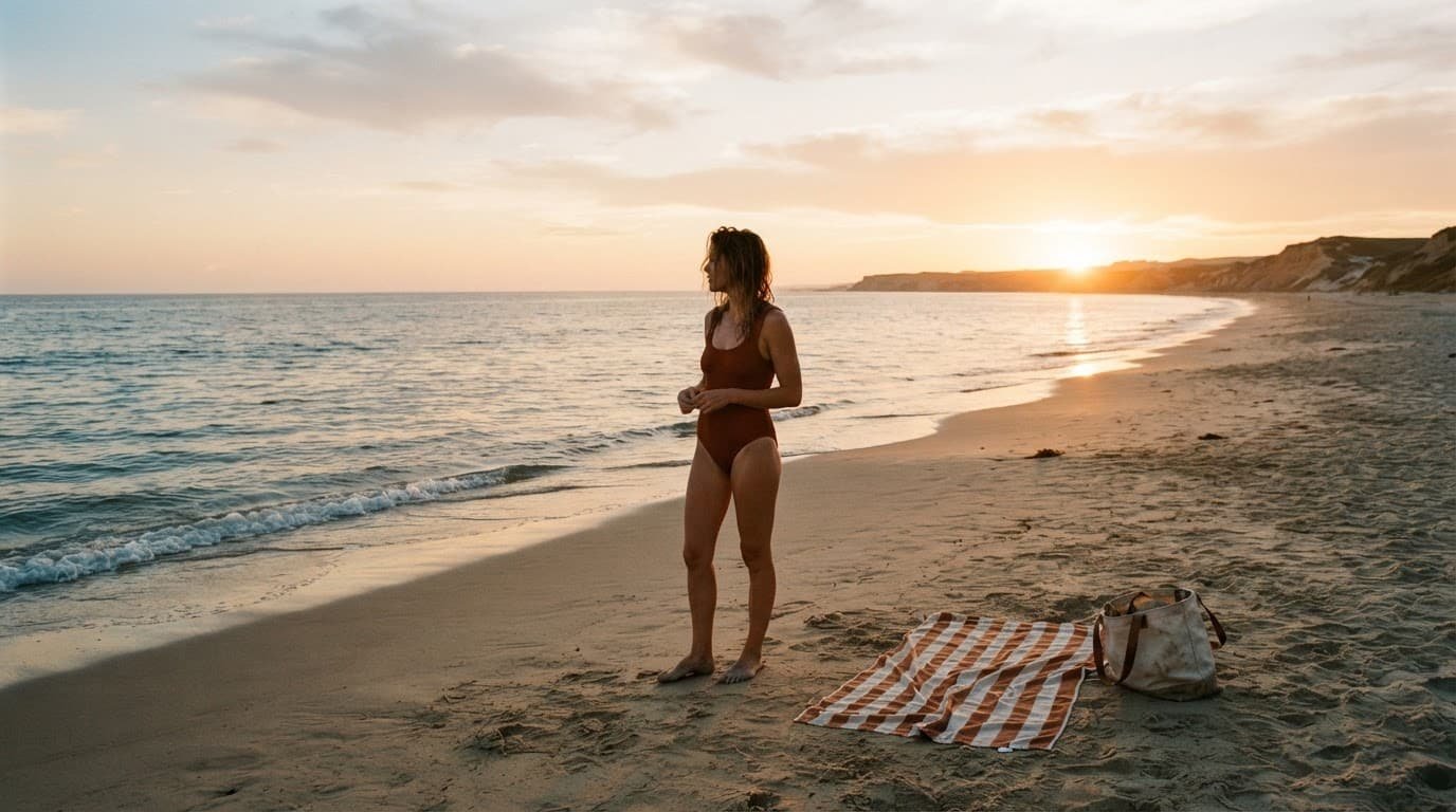 A swimmer stands beside calm waves with a towel and beach bag.