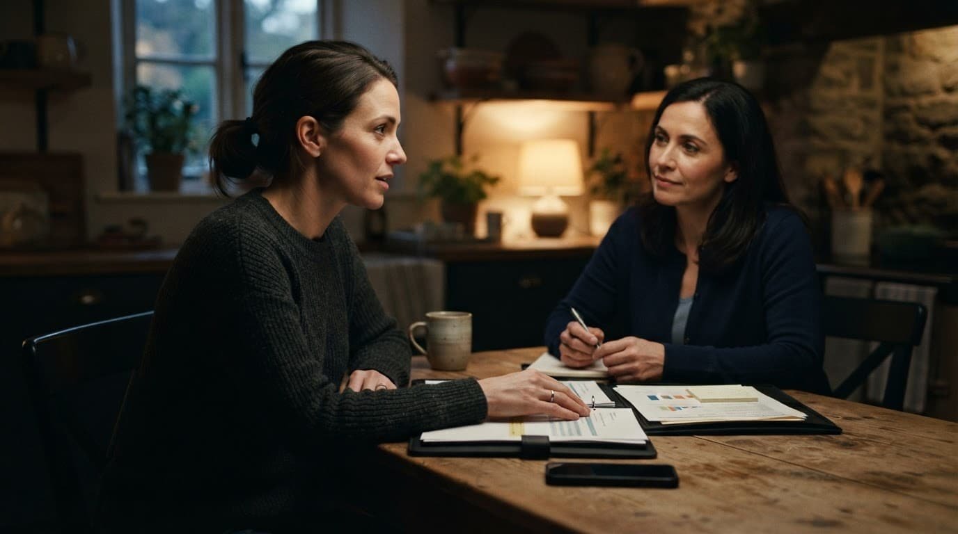 A woman reviews papers with a counselor at a kitchen table.