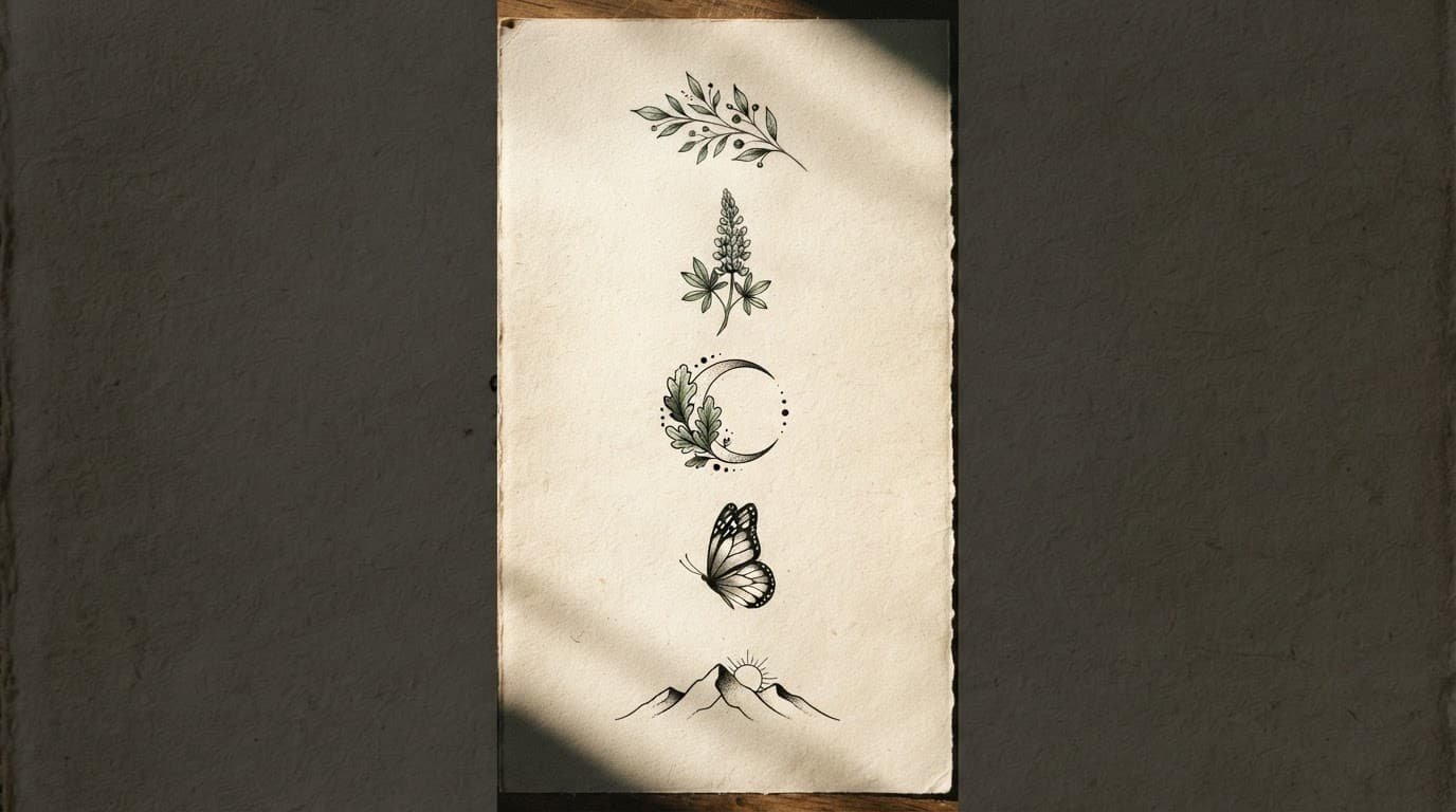 Five nature tattoo designs arranged on warm paper.