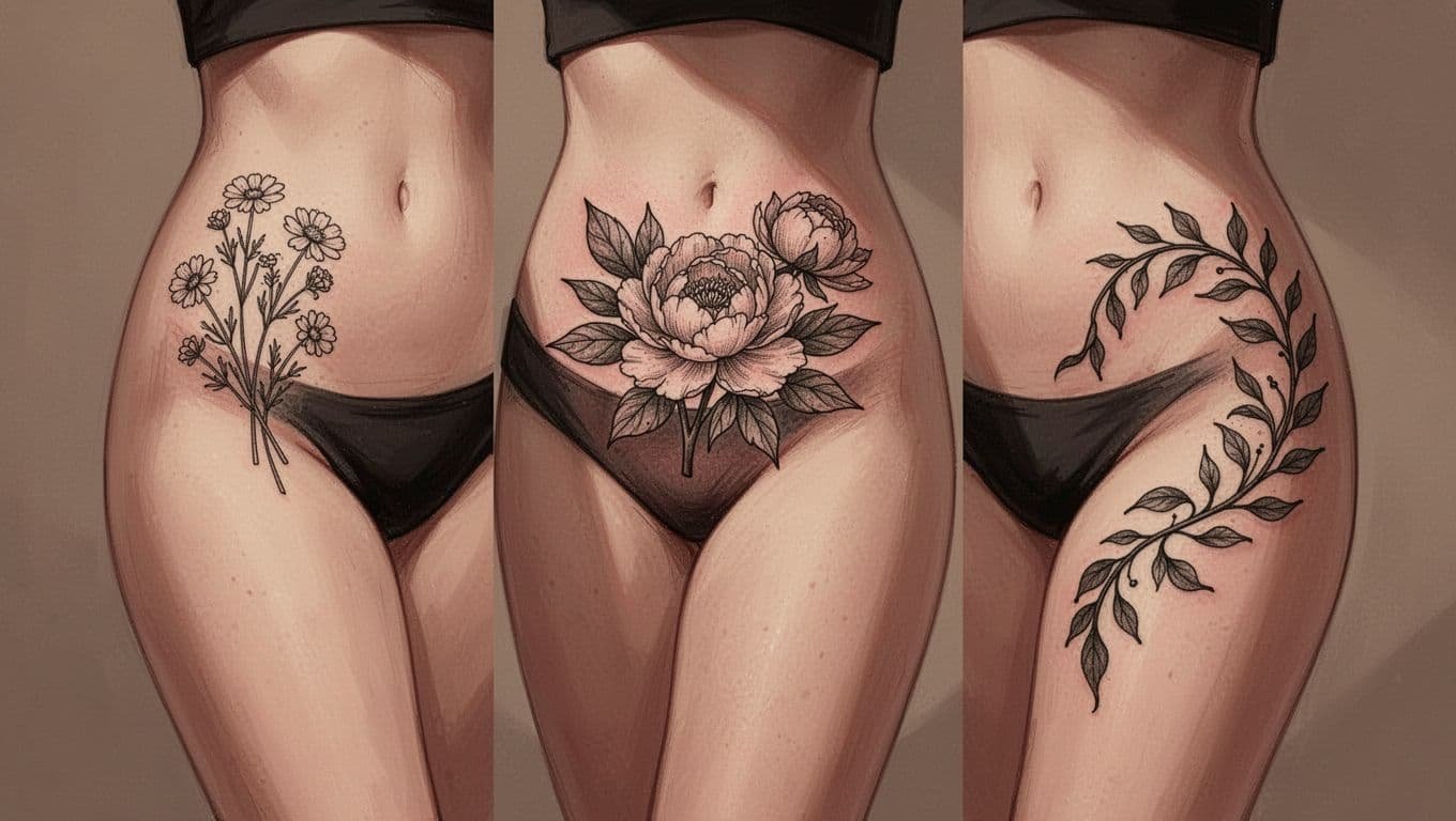 Three floral tattoo designs shown on a cropped female torso.