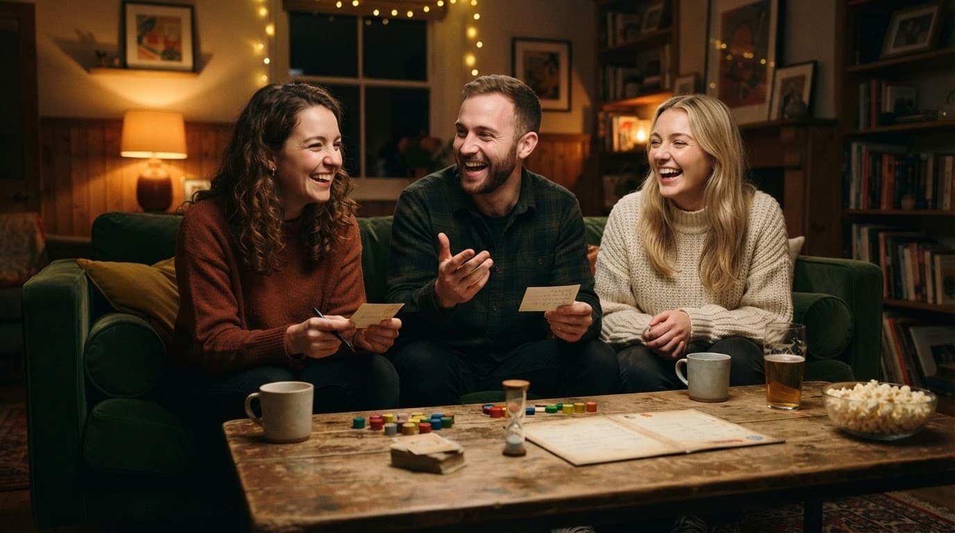 Three friends laugh while playing a guessing game around a coffee table.