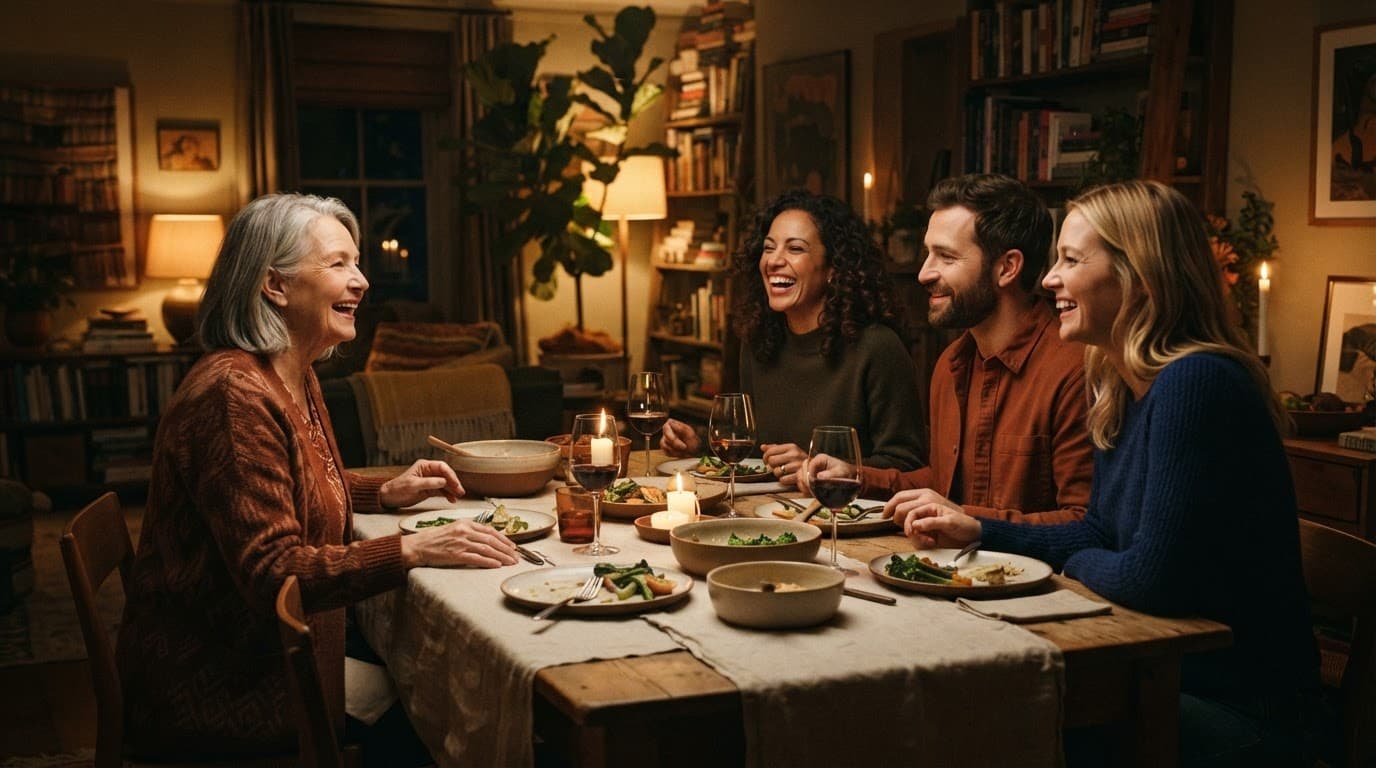Three friends and an older family member sharing laughter around a dining table.