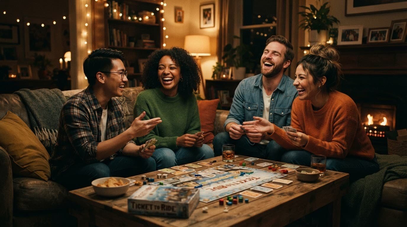 Four friends laugh together during a cozy game night in a warm living room.