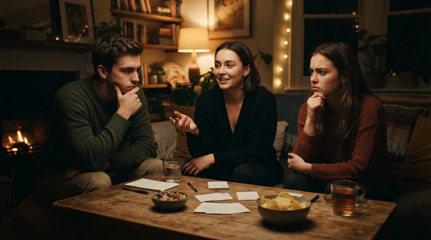 Three friends study each other during a guessing game at a snack-filled table.