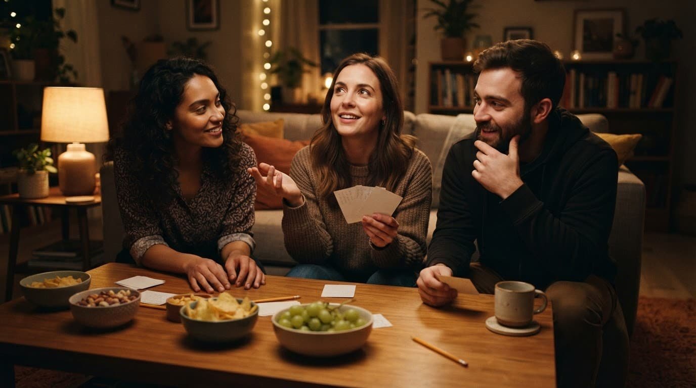 Three friends play a guessing game around a table with snacks and cards.