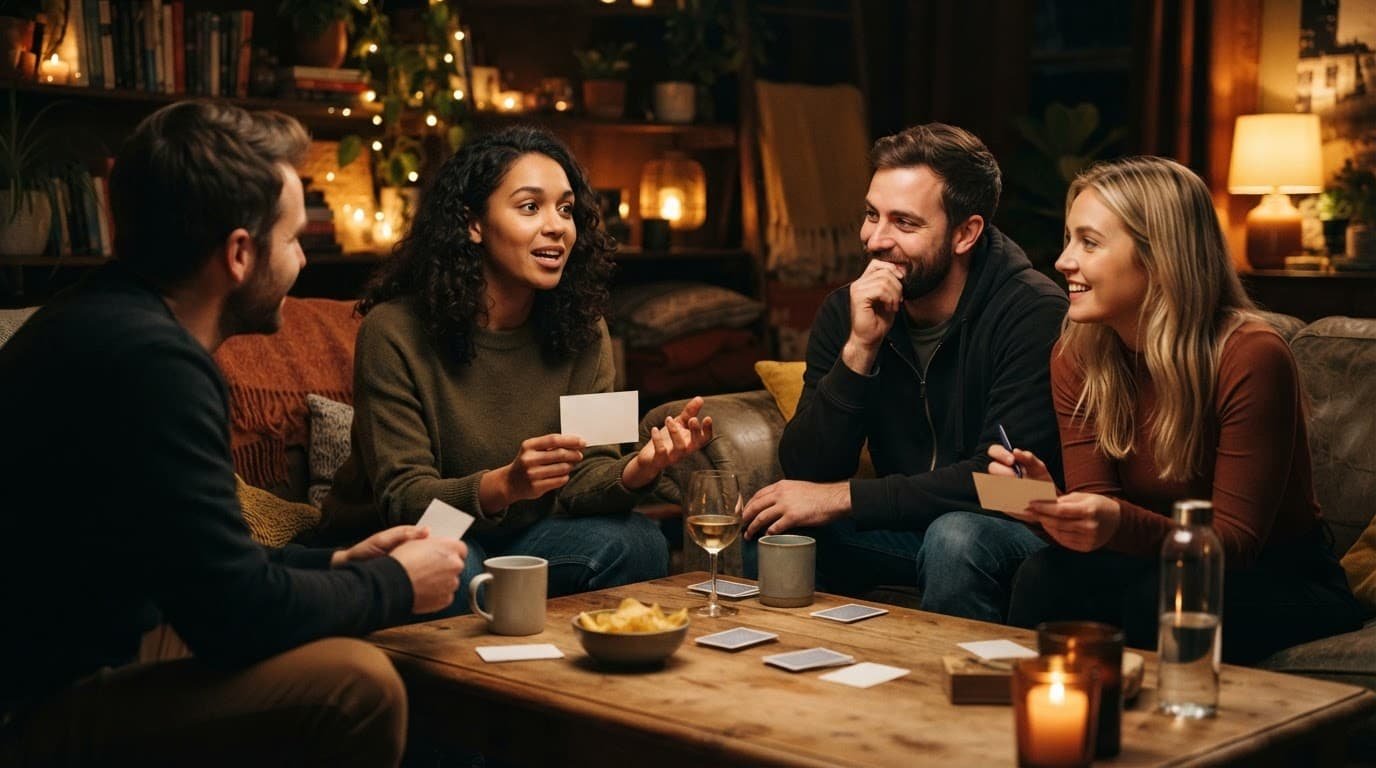 Three friends play a guessing game around a table with cards and snacks.