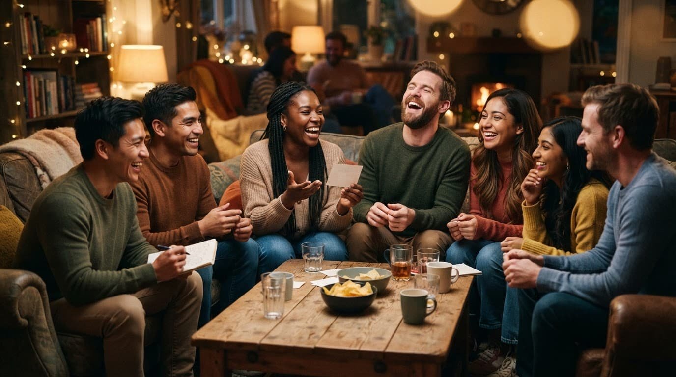 Friends laugh and play a guessing game around a wooden table.