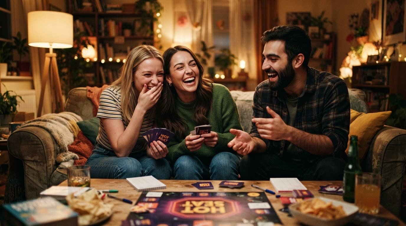 Three friends laugh together during a game night in a cozy living room.