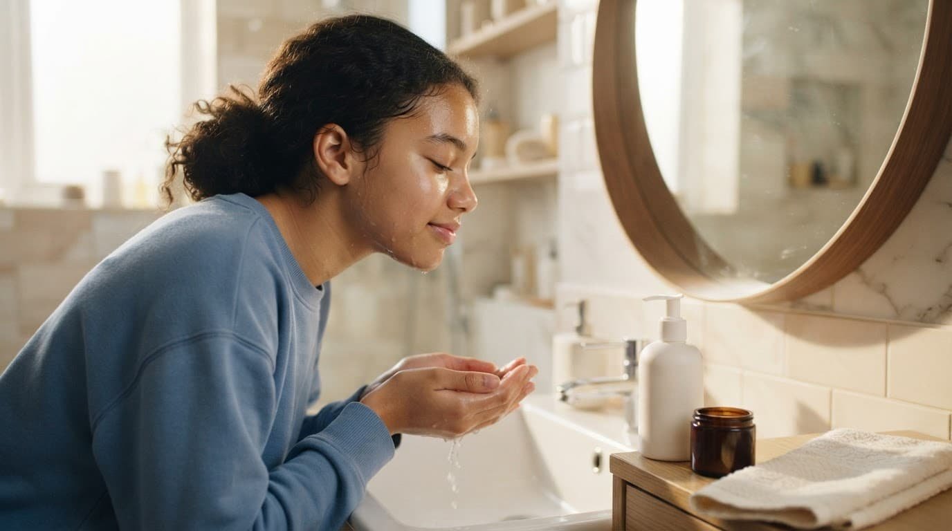 A teenager gently washing their face at a sunny bathroom sink.