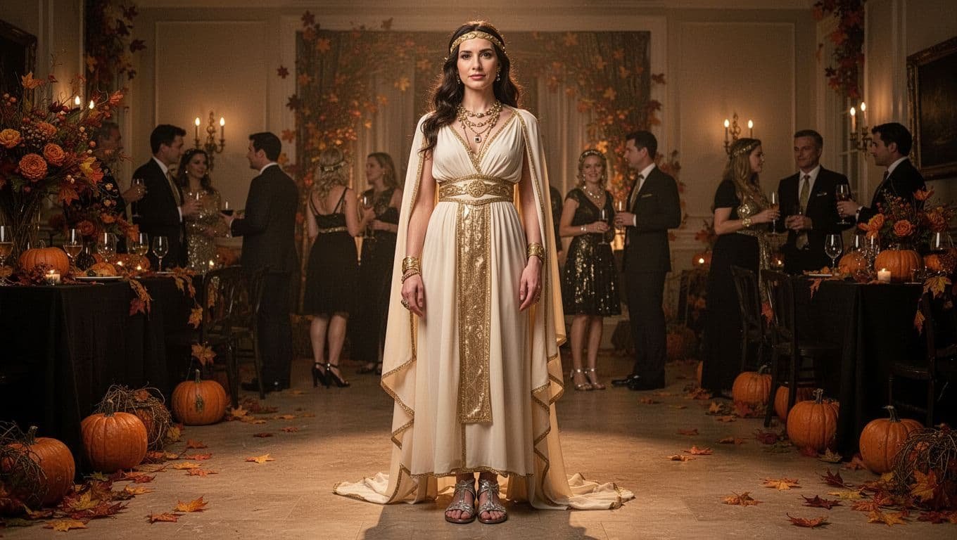 A woman in a cream and gold goddess costume at a warm autumn party.