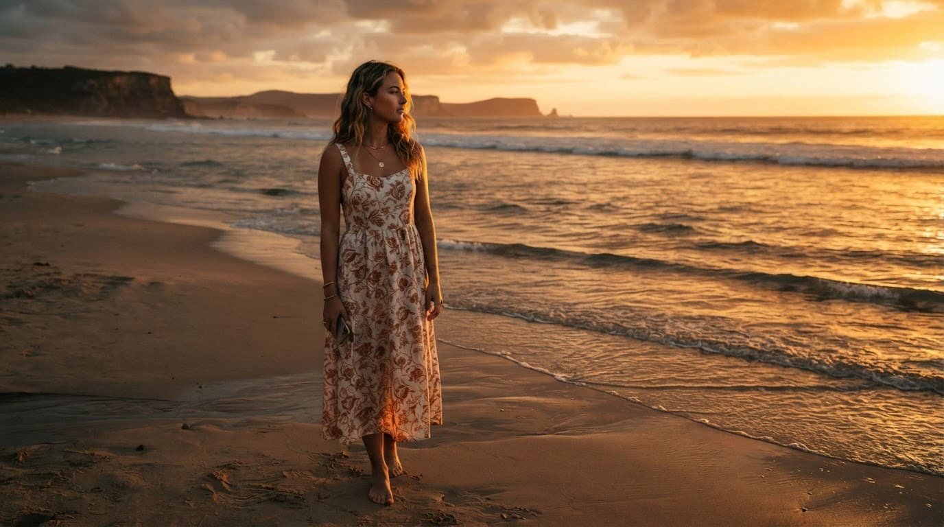 Person in summer clothes standing by a quiet beach at sunset with a phone.