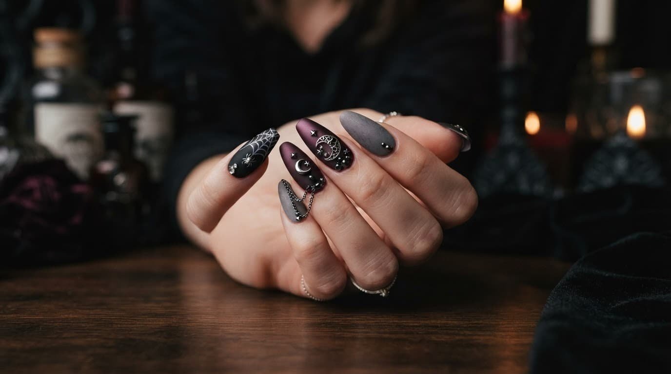A hand showing dark Halloween nails with silver chains, moons, and a spiderweb design.