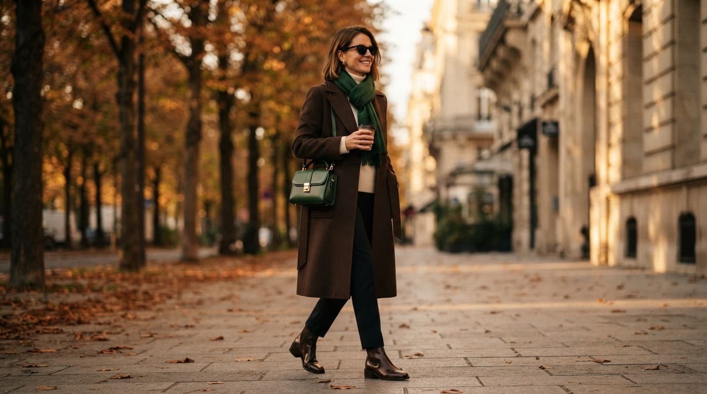 Woman in a brown coat with a green handbag and ankle boots on an autumn sidewalk.