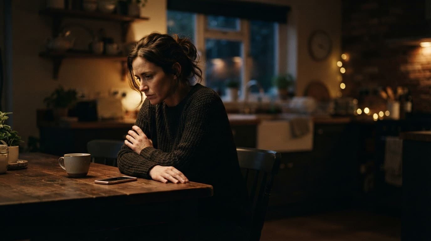 A tense woman sits alone beside a face-down phone in a dim kitchen.