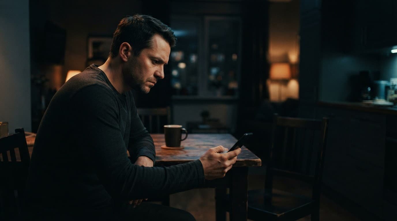 A tense man holds a phone beside him at a kitchen table, with an empty chair across from him.