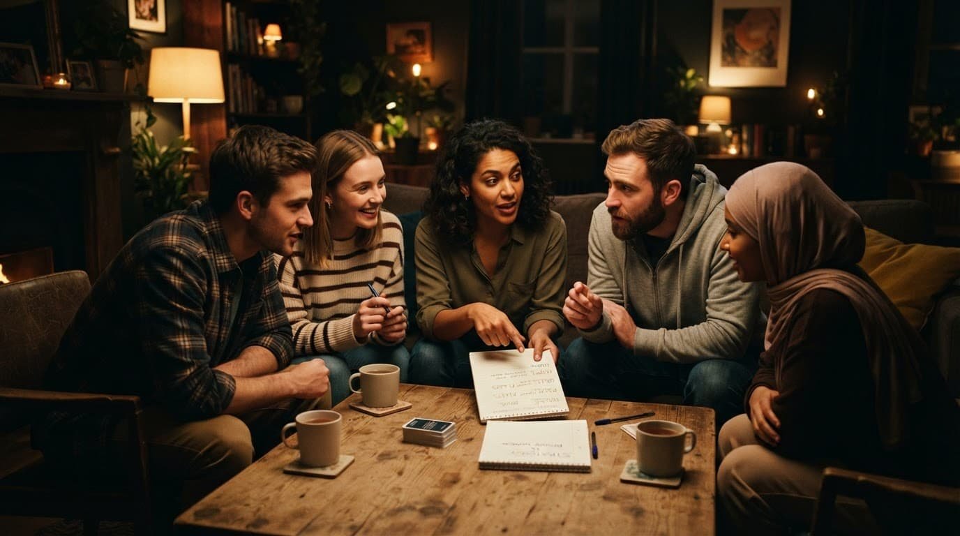 Friends plan a guessing game around a living room table.