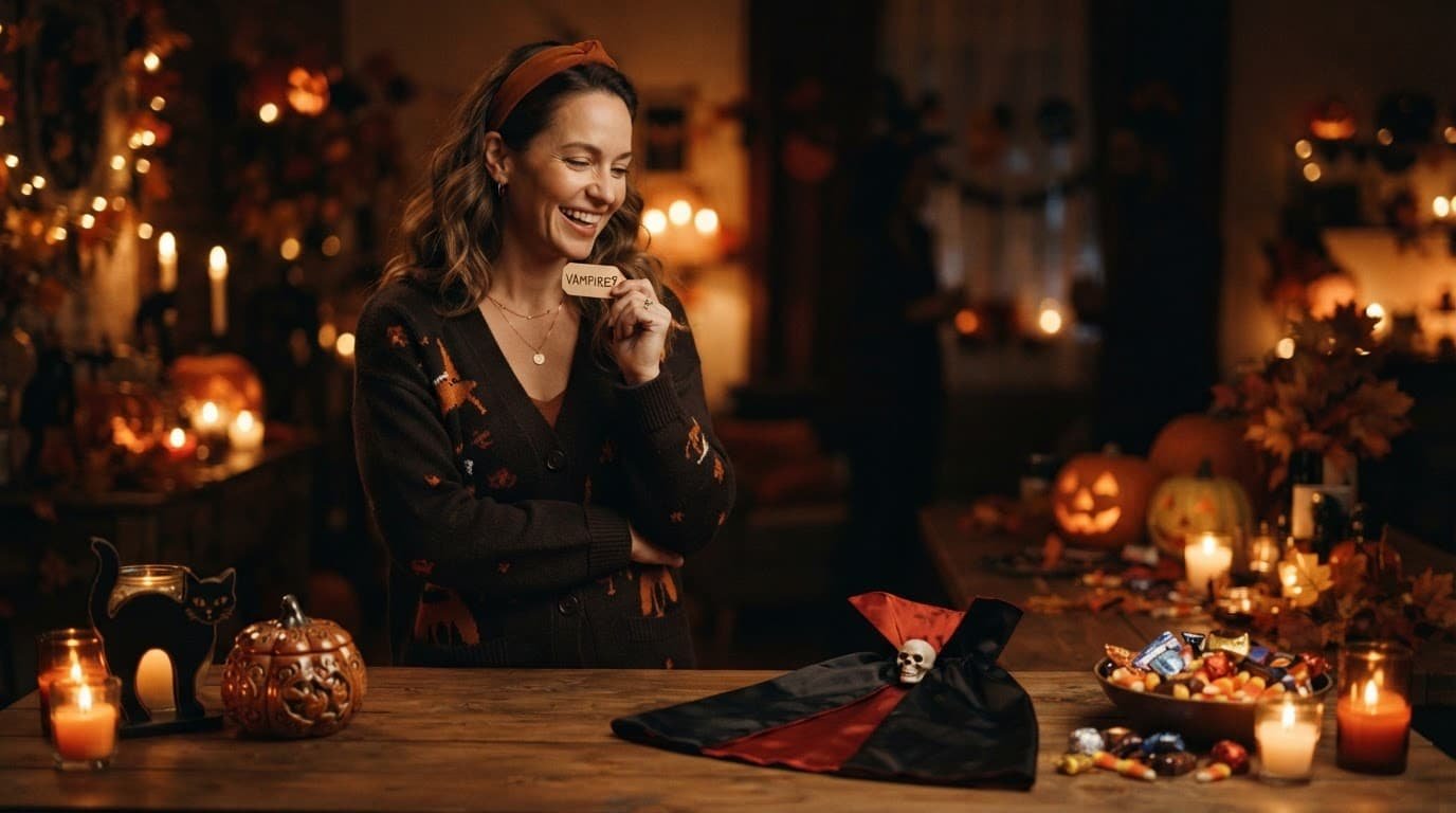 An adult chooses between spooky party items beside a candlelit table.