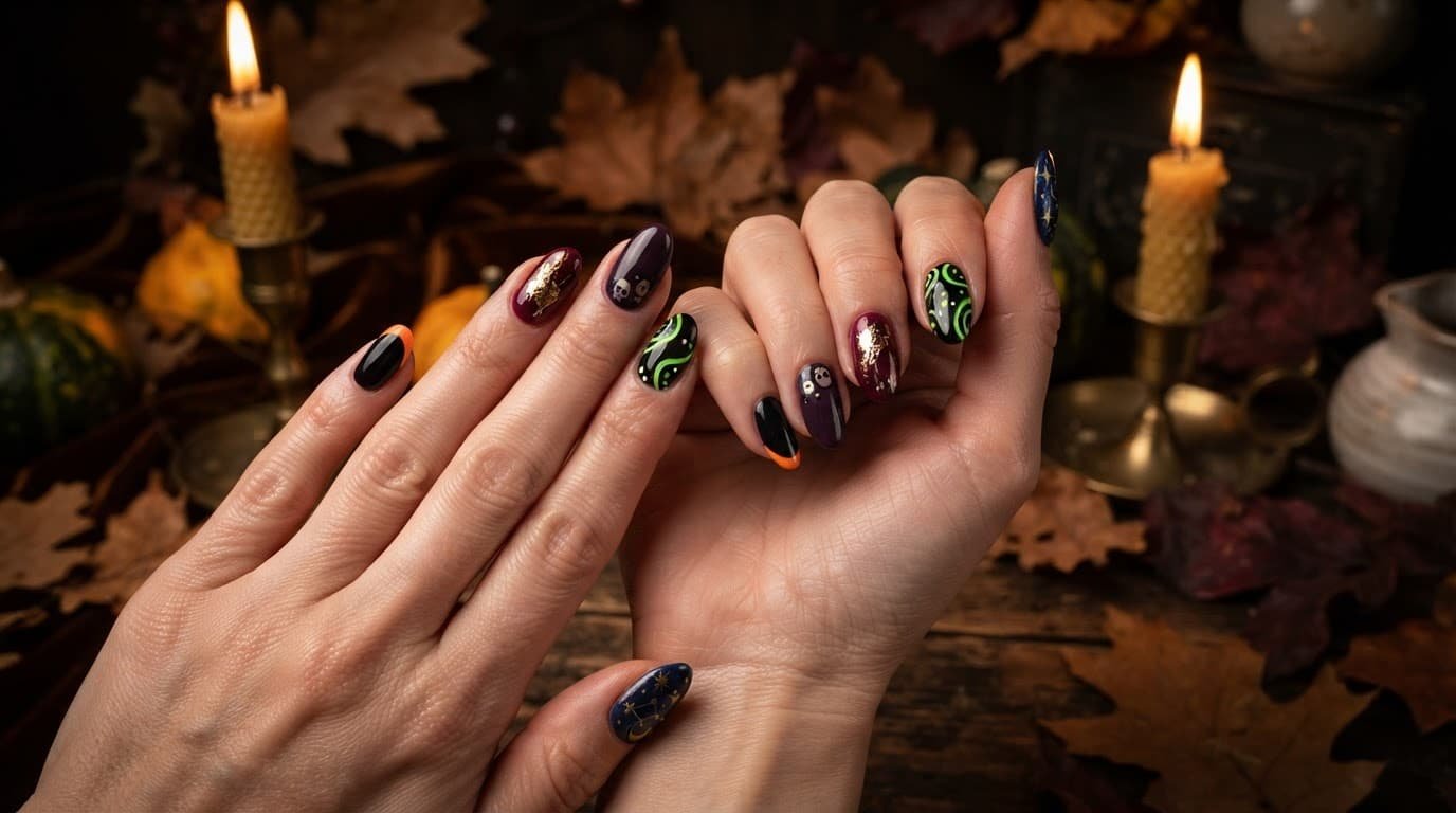Two hands show Halloween nails in black, orange, burgundy, purple, green, and midnight blue.
