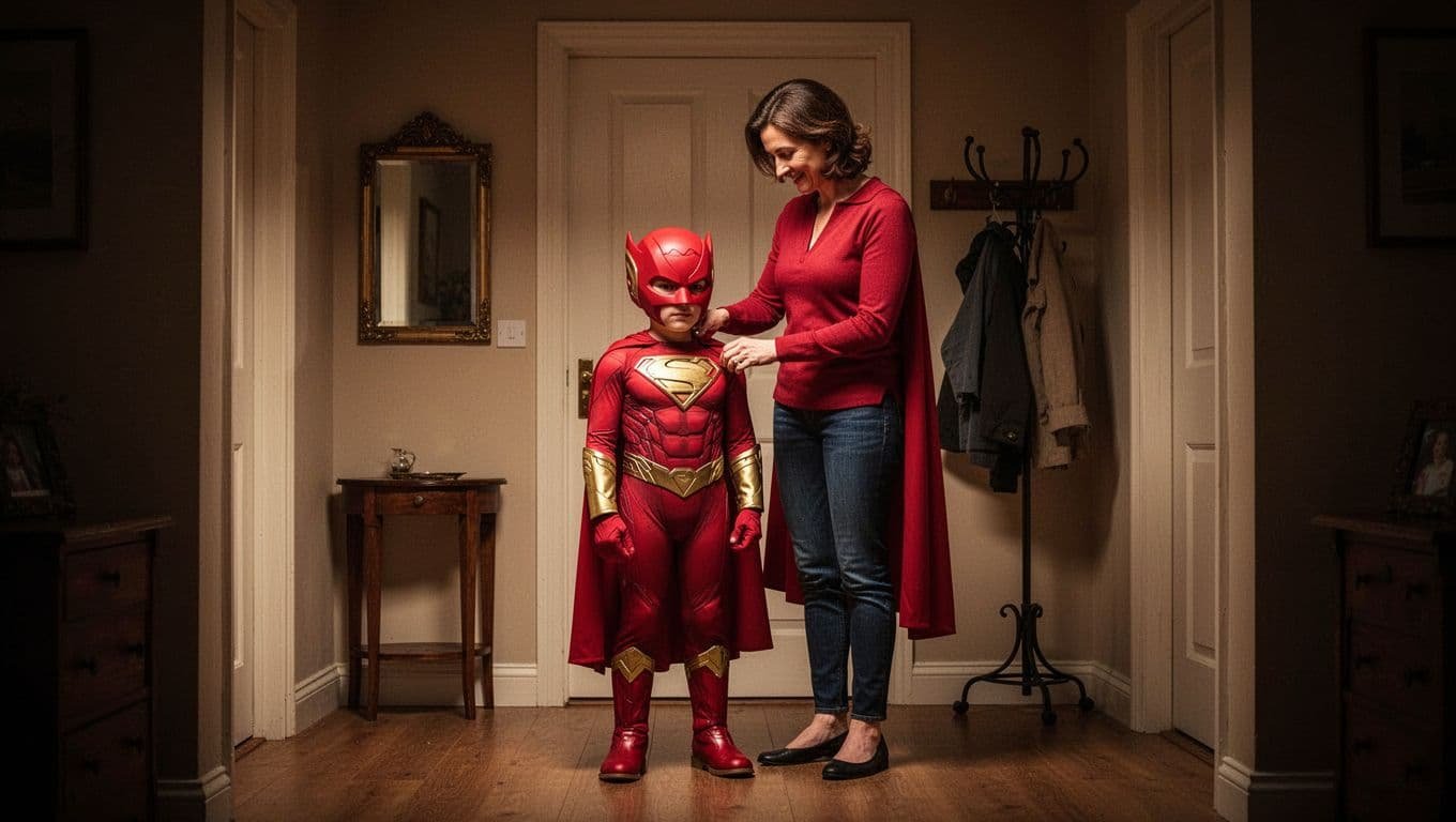 A parent checks a child&rsquo;s red-and-gold superhero costume in a warm entryway.