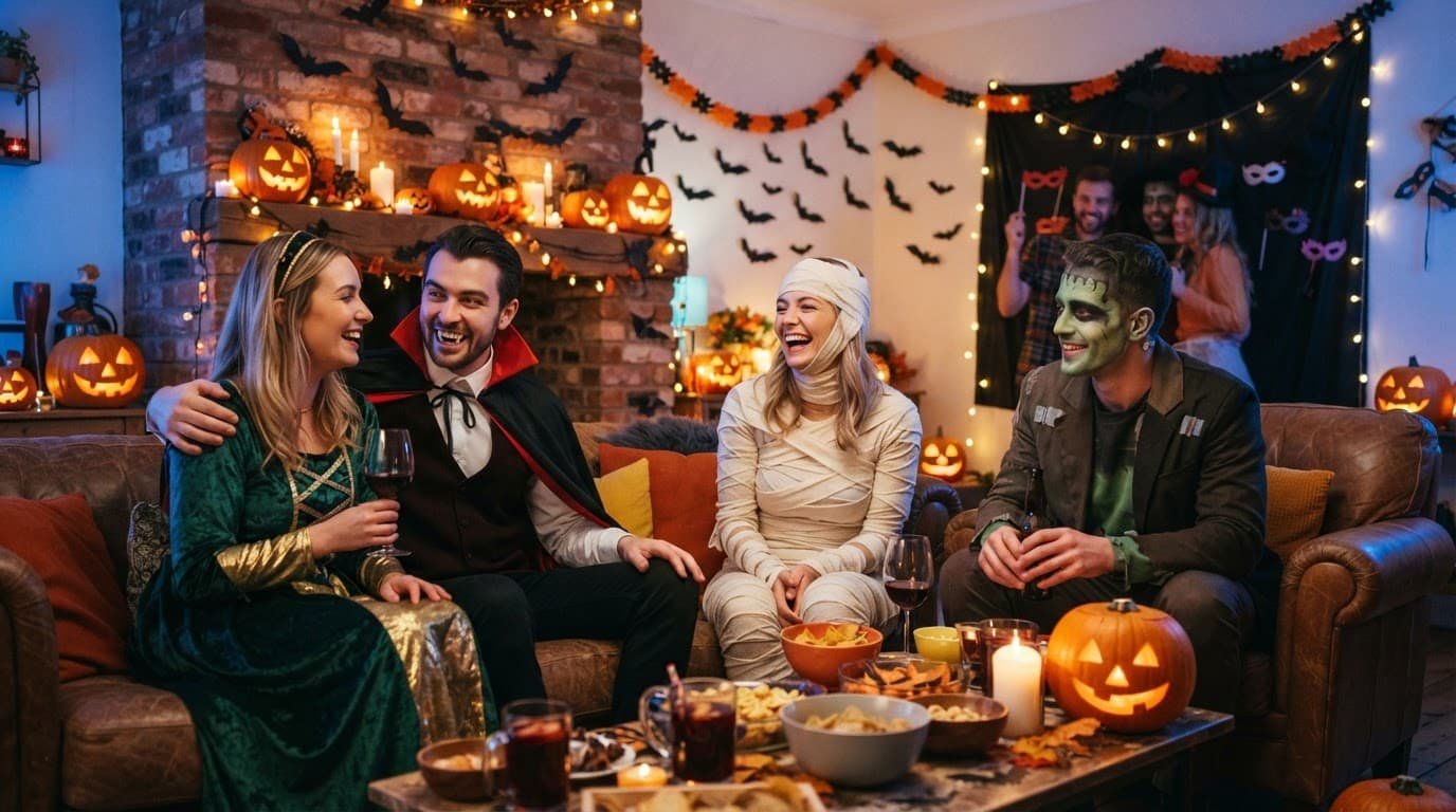 Four friends in costumes gather in a warmly decorated living room with pumpkins and string lights.