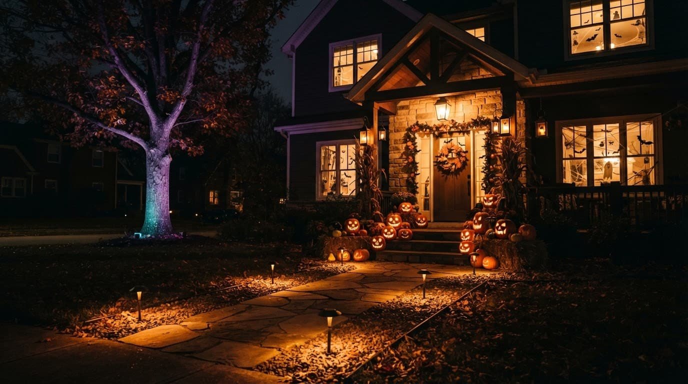 A suburban Halloween entrance with path lights, glowing pumpkins, porch lanterns, and a lit tree branch.