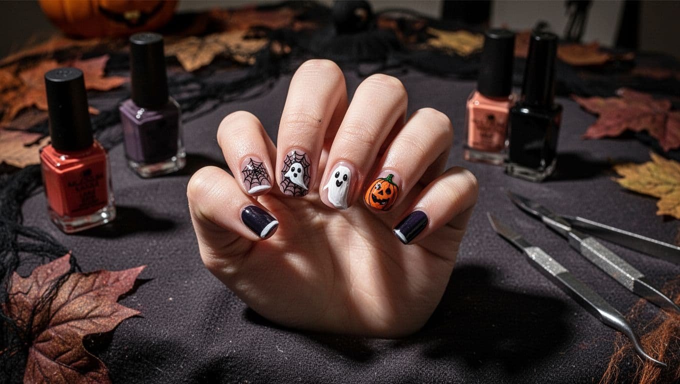 One hand with spooky nail art beside polish bottles and manicure tools.