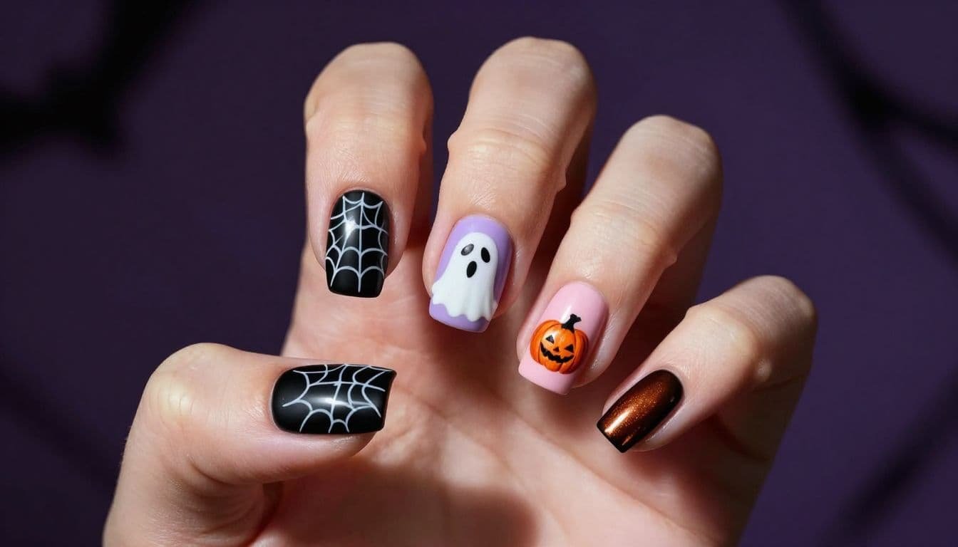 Hand showing black, pastel, and burnt-orange Halloween nail designs.