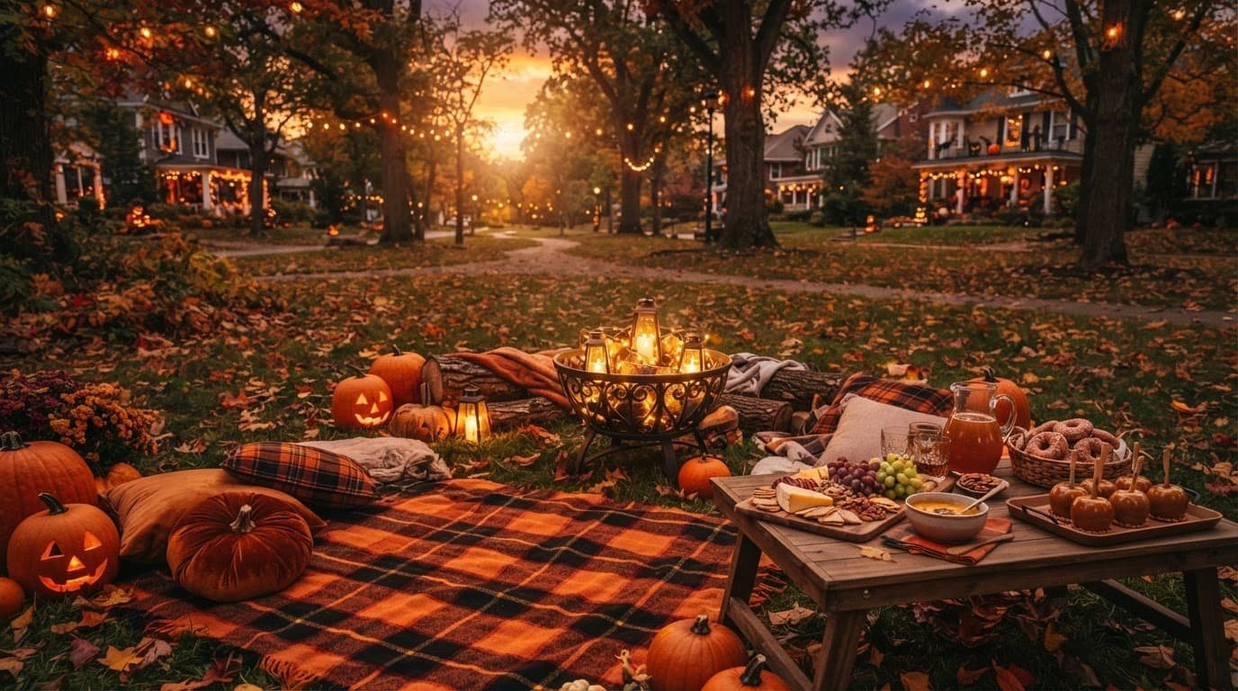 Pumpkins, autumn food, and lanterns arranged for a sunset picnic in a leafy park.