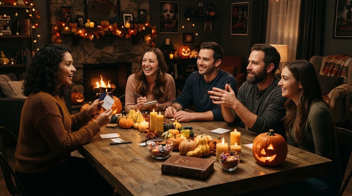 Five adults gather around a candlelit table for a Halloween trivia game.